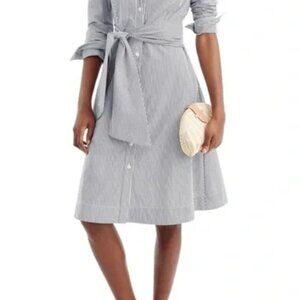 J Crew 0 Navy White Stripe Maribou Mixy Long Sleeve Tie Shirtdress